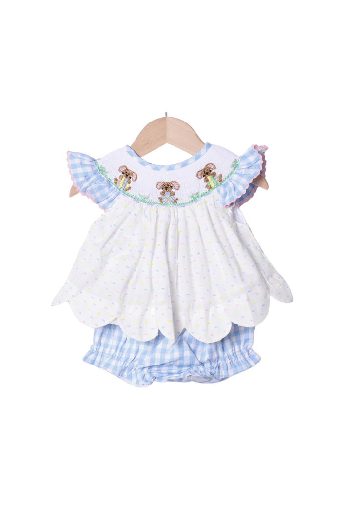 The Smocked Flamingo Apparel & Accessories Smocked Bunny Blue Seersucker Gingham Bloomer Set