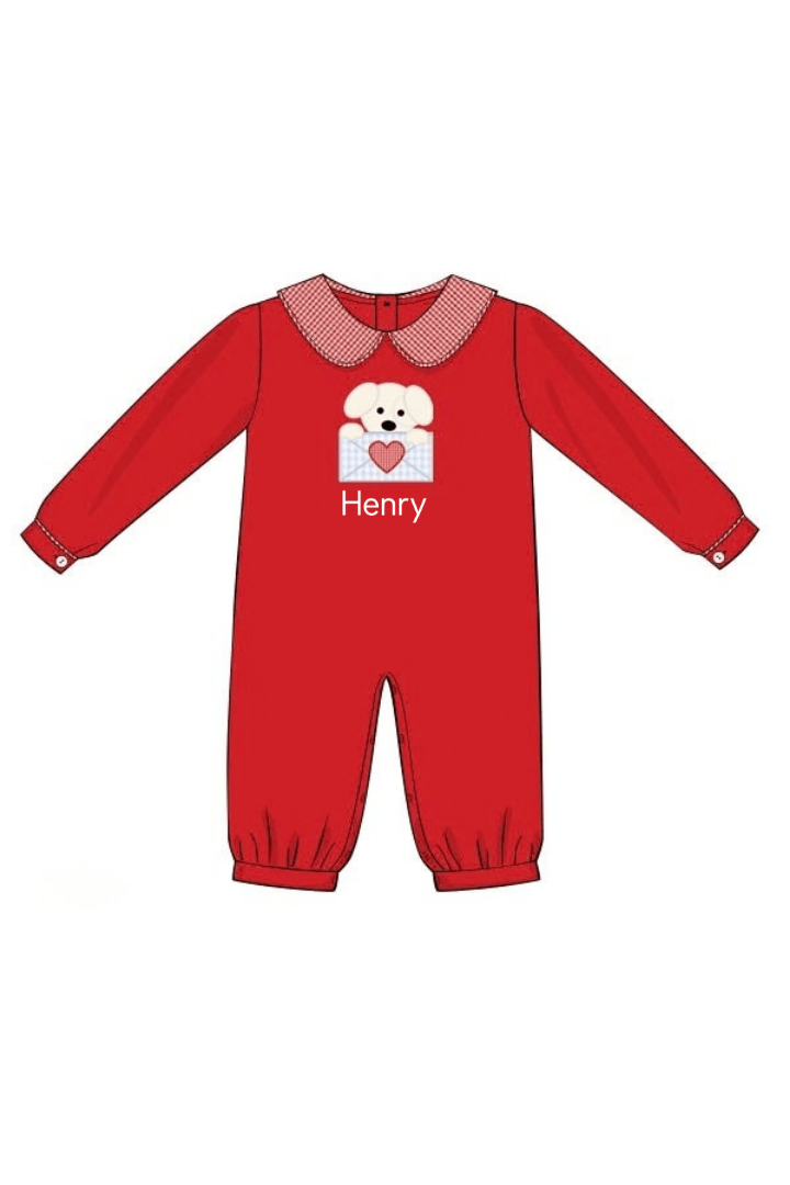 The Smocked Flamingo Apparel & Accessories Applique Puppy Love Red Knit Romper