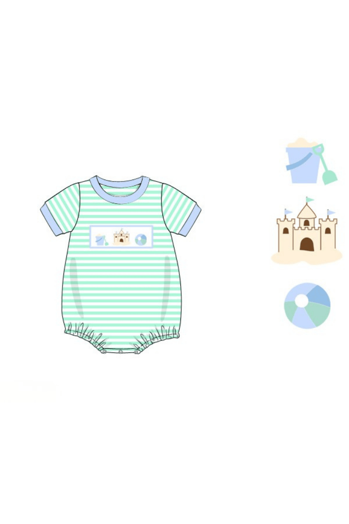 The Smocked Flamingo Apparel & Accessories Pre-Order Smocked Sand Castle Fun Mint/Blue Stripe Bubble