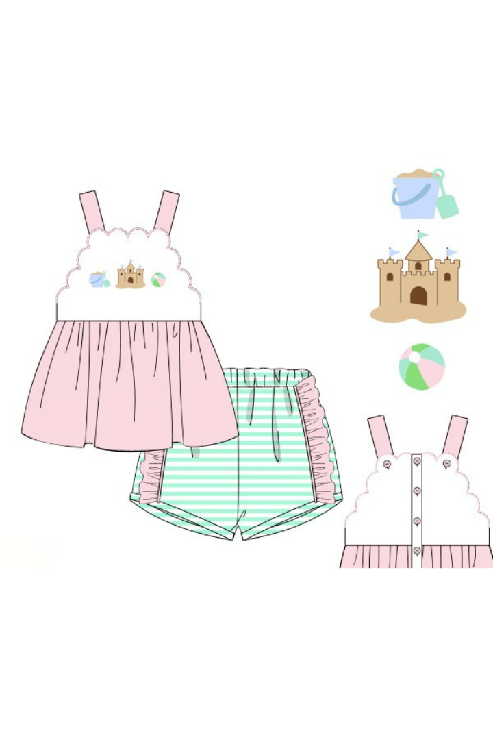 The Smocked Flamingo Apparel & Accessories Pre-Order French Knot Sand Castle Fun Mint/Pink Stripe Short Set