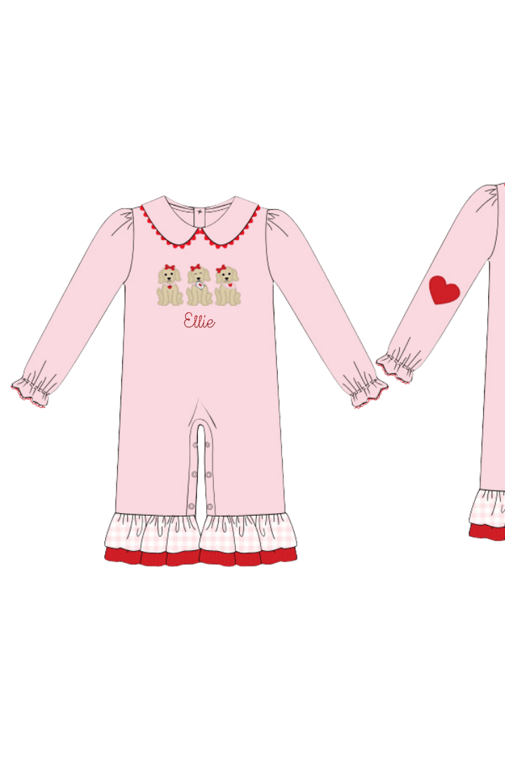 The Smocked Flamingo Apparel & Accessories Applique Sweet Puppies Pink Knit Romper