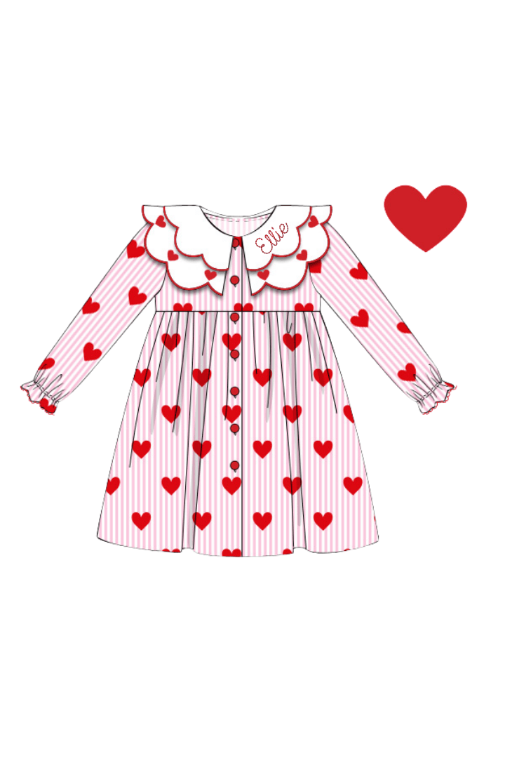 The Smocked Flamingo Apparel & Accessories Hand Embroidered Heart Pink Stripe Dress