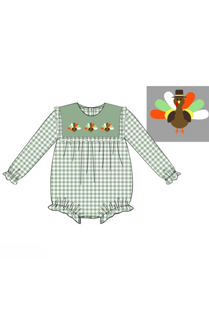 Embroidered Turkey Sage Green Gingham Bubble