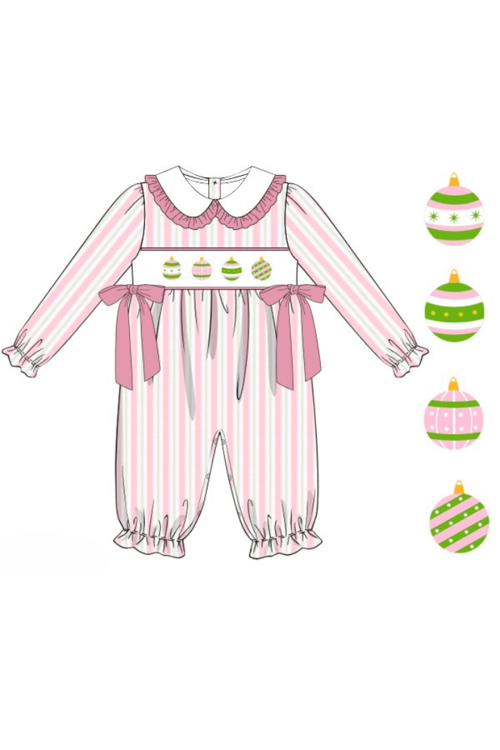 The Smocked Flamingo Apparel & Accessories 1-Pre-Order Smocked Christmas Ornaments Pink and Green Stripe Romper