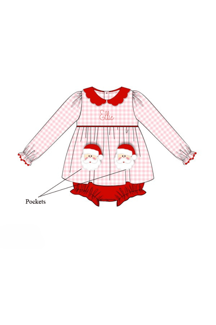 The Smocked Flamingo Apparel & Accessories 101-Pre-Order Applique Santa Pocket Pink/Red Gingham Skirted Bubble