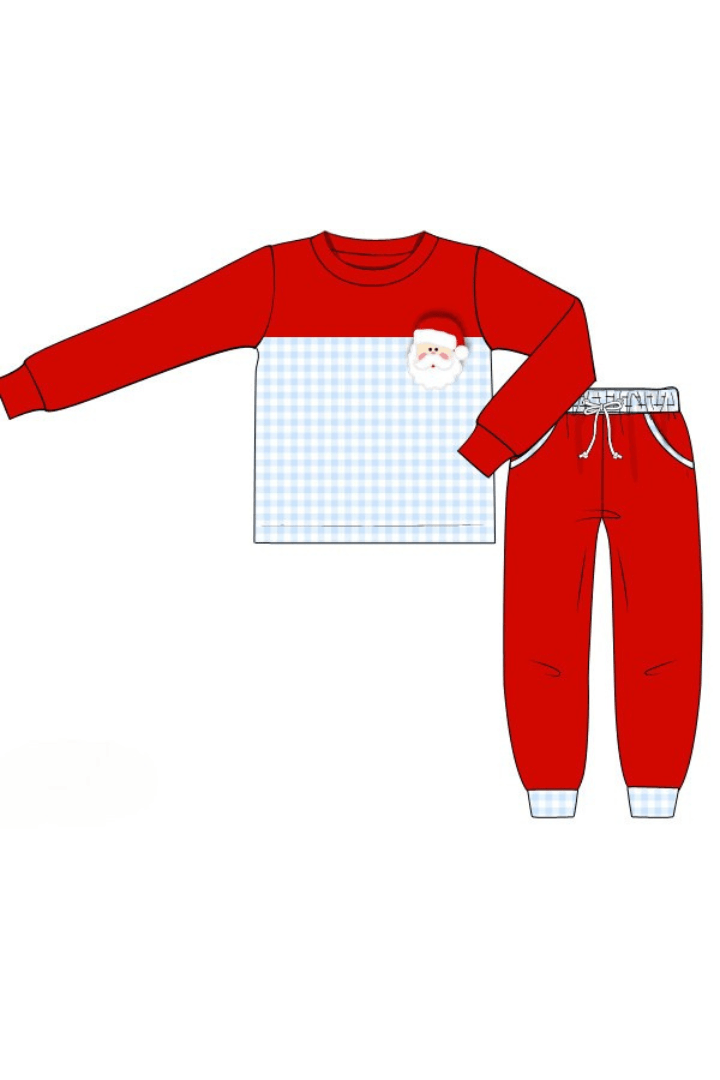 The Smocked Flamingo Apparel & Accessories 104-Pre-Order Applique Santa Blue/Red Gingham Jogger Set