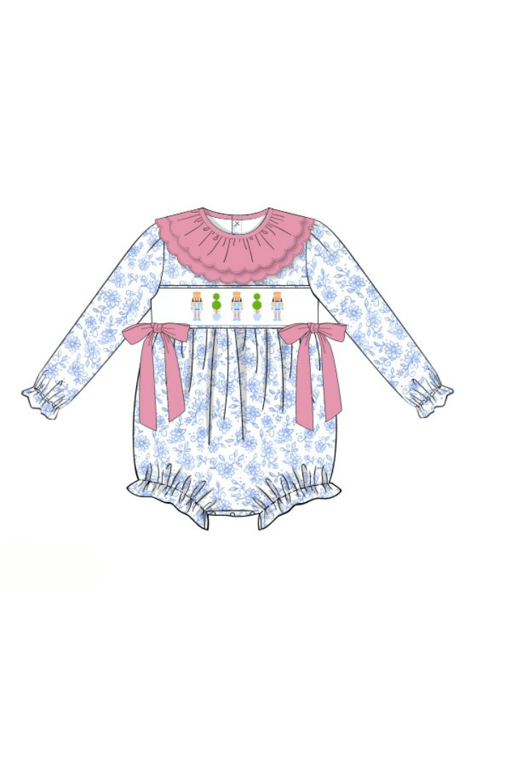 The Smocked Flamingo Apparel & Accessories 17-Pre-Order Smocked Nutcracker Blue Floral Bubble