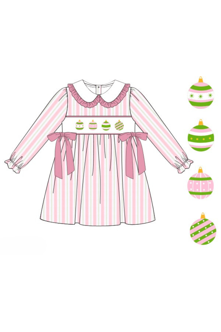 The Smocked Flamingo Apparel & Accessories 2-Pre-Order Smocked Christmas Ornaments Pink and Green Stripe Dress