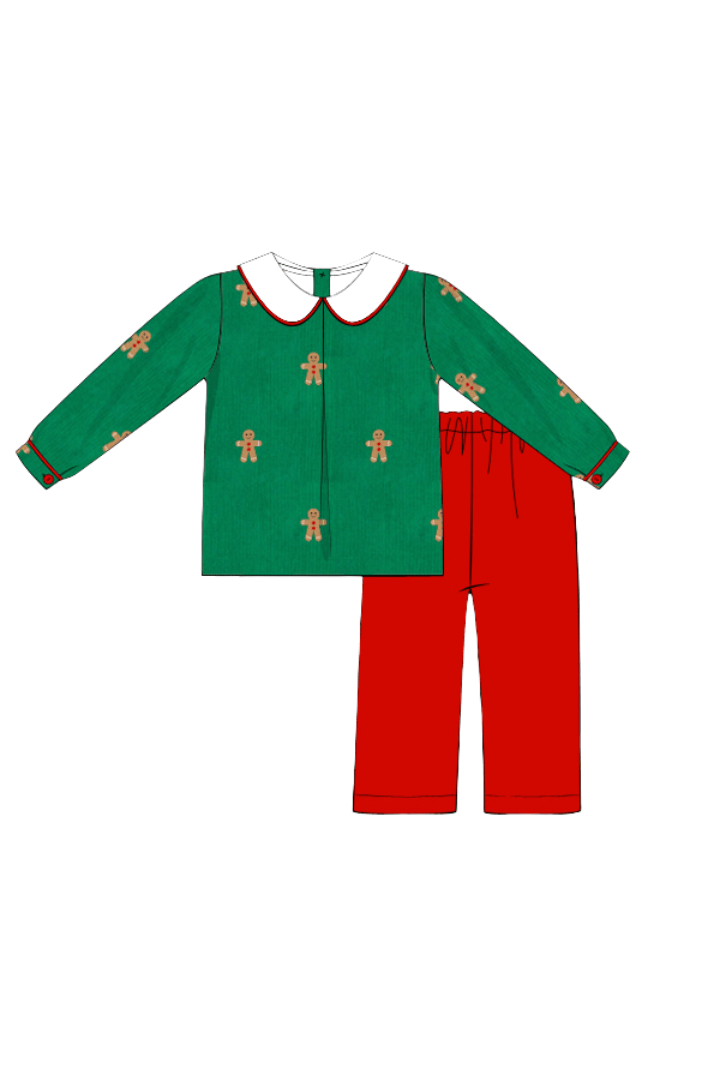 The Smocked Flamingo Apparel & Accessories 20-Pre-Order Embroidered Gingerbread Man Green/Red Corduroy Pant Set