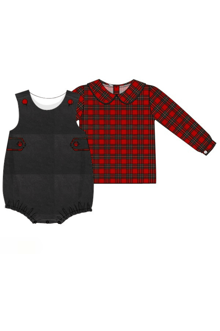 The Smocked Flamingo Apparel & Accessories 29-Pre-Order Christmas Plaid Navy Corduory 2pcs. Bubble