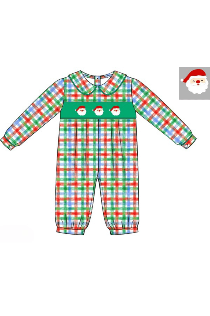 The Smocked Flamingo Apparel & Accessories 39-Pre-Order Smocked Santa Festive Plaid Bishop Romper