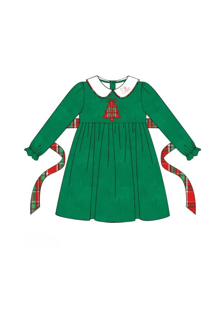 The Smocked Flamingo Apparel & Accessories 41-Pre-Order Applique Plaid Merry Christmas Tree Green Corduroy Dress