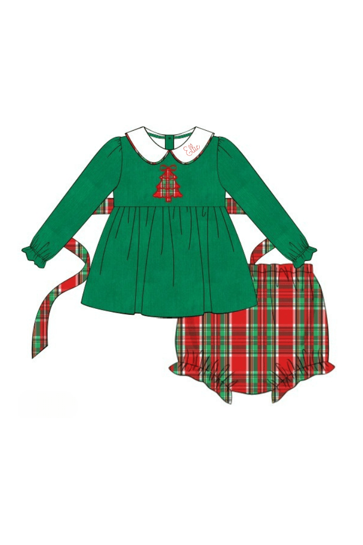 The Smocked Flamingo Apparel & Accessories 42-Pre-Order Applique Plaid Merry Christmas Tree Green Corduroy Bloomer Set