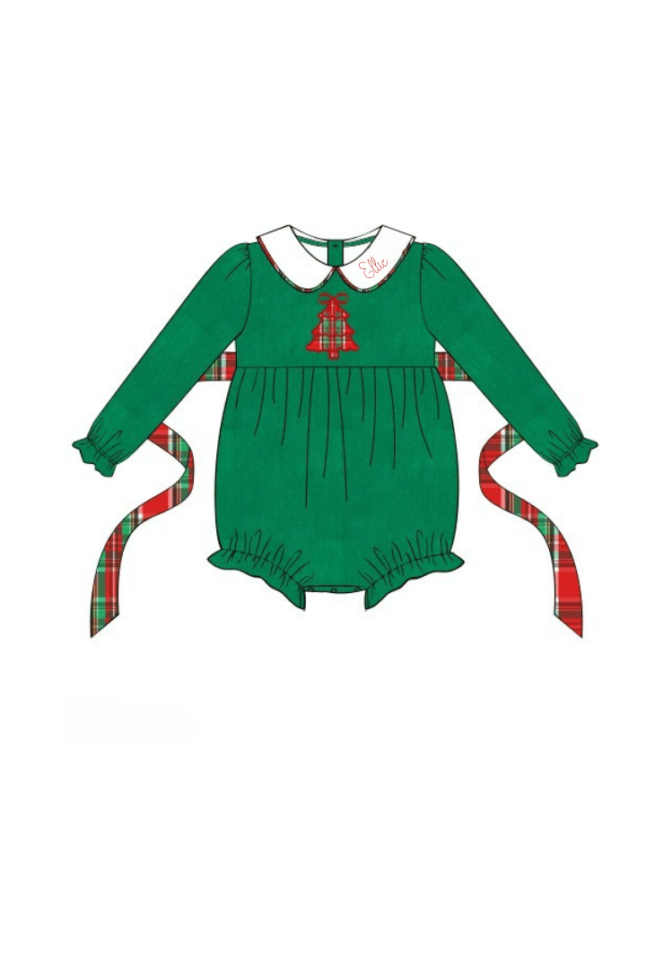 The Smocked Flamingo Apparel & Accessories 43-Pre-Order Applique Plaid Merry Christmas Tree Green Corduroy Bubble