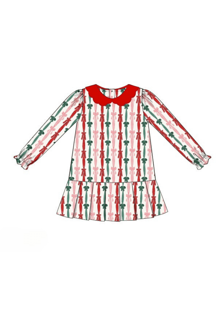 The Smocked Flamingo Apparel & Accessories 45-Pre-Order Christmas Bows Drop Waist Dress