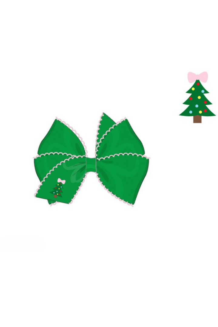 The Smocked Flamingo Apparel & Accessories 64-Pre-Order Embroidered Christmas Tree Scalloped Edge Grosgrain Bow Green/White