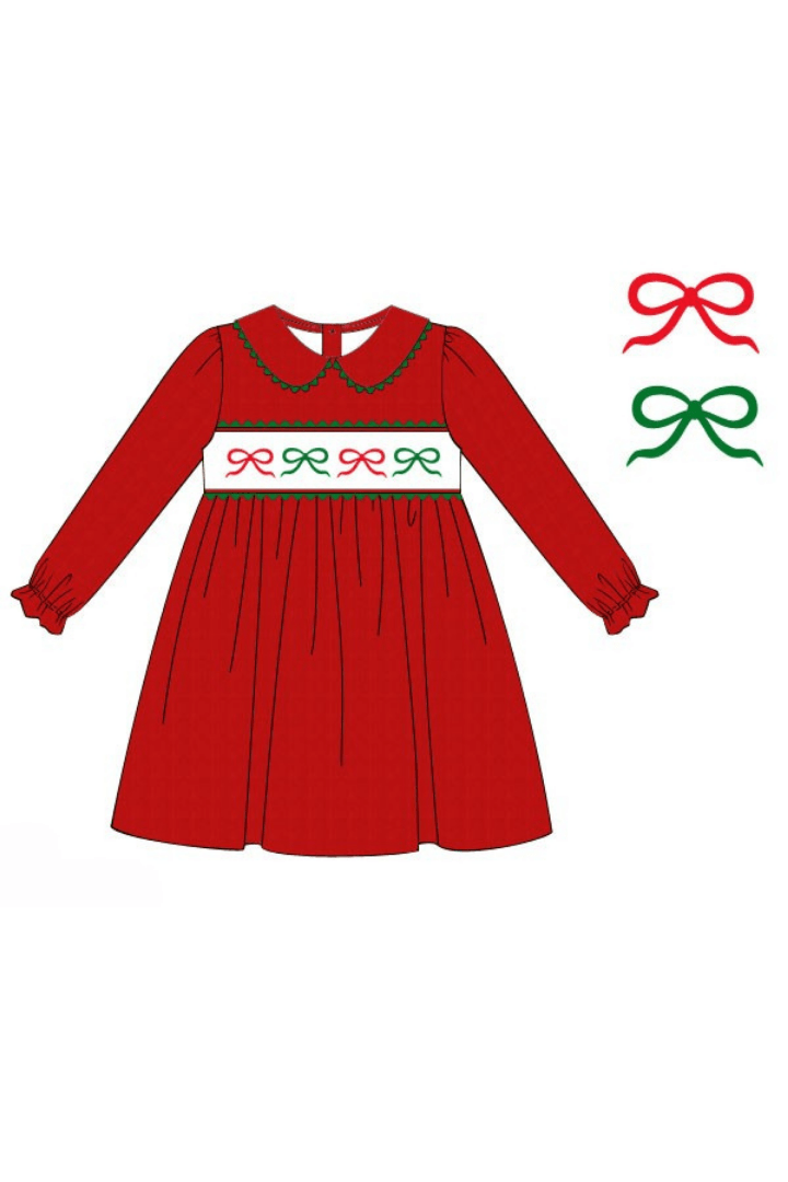 The Smocked Flamingo Apparel & Accessories 65-Pre-Order French Knot Bows Red Corduroy Dress