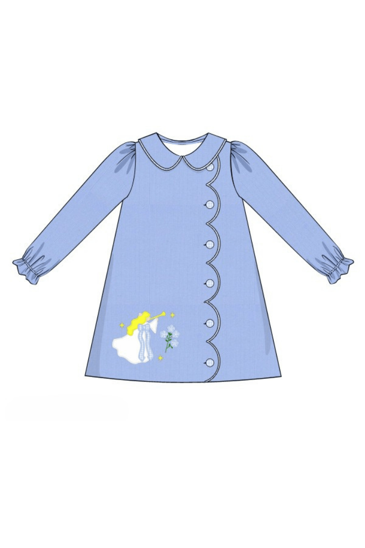 The Smocked Flamingo Apparel & Accessories 75-Pre-Order Applique Hark the Herald Angel Blue Corduroy Dress