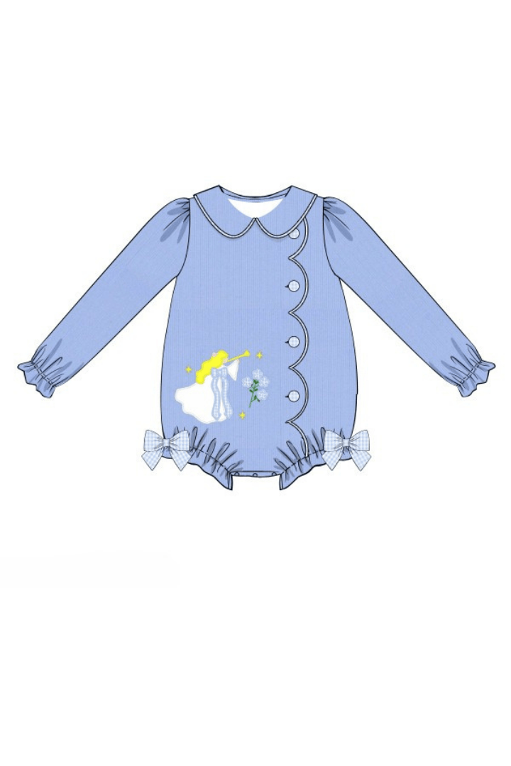 The Smocked Flamingo Apparel & Accessories 76-Pre-Order Applique Hark the Herald Angel Blue Corduroy Bubble