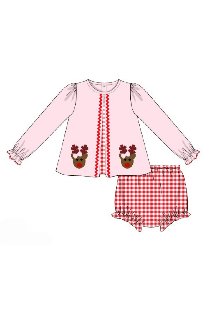 The Smocked Flamingo Apparel & Accessories 78-Pre-Order Applique Rudolph The Red Nosed Reindeer Bloomer Set
