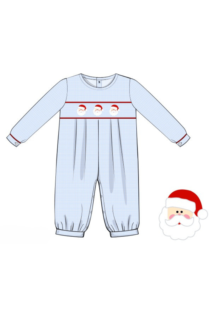 The Smocked Flamingo Apparel & Accessories 8-Pre-Order Smocked Santa Blue Gingham Romper
