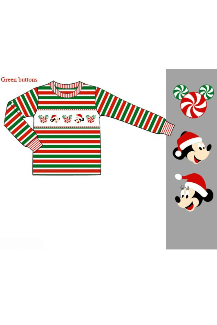 The Smocked Flamingo Apparel & Accessories 98-Pre-Order Smocked Santa Mouse Red/Green Stripe Shirt