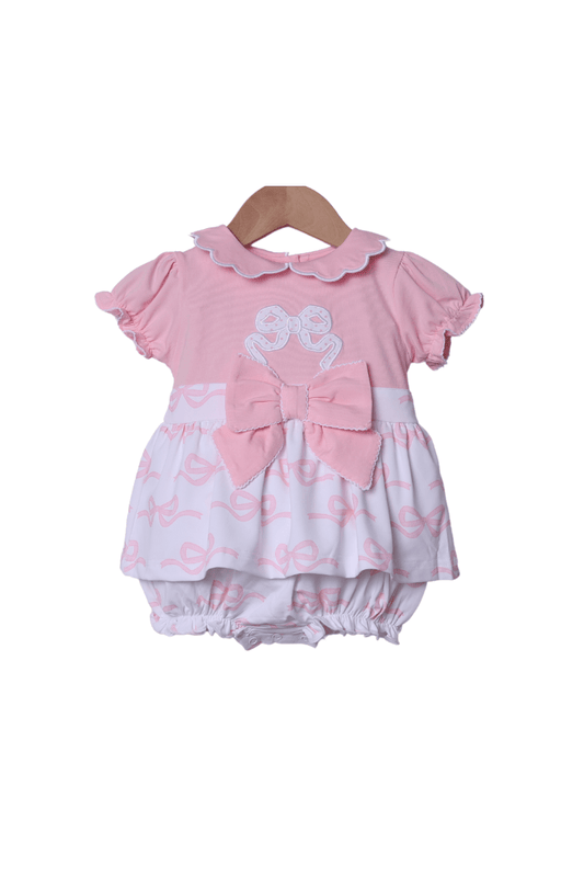 The Smocked Flamingo Apparel & Accessories Applique Bow Pink Knit Skirted Bubble