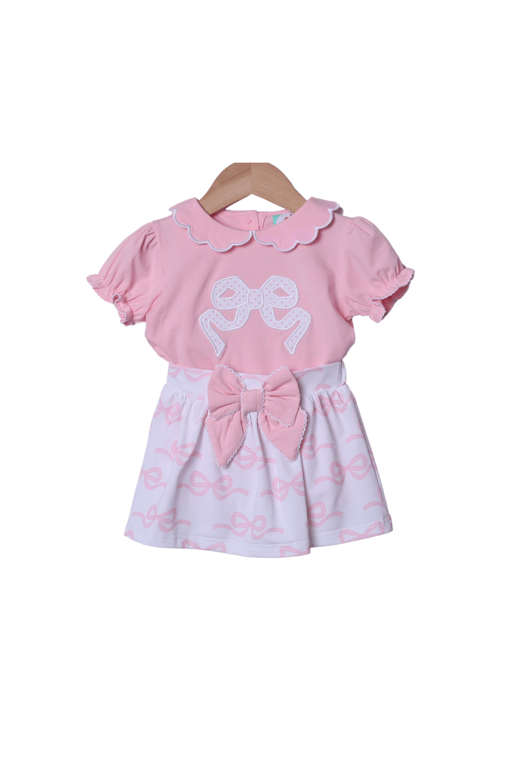 The Smocked Flamingo Apparel & Accessories Applique Bow Pink Knit Skort Set