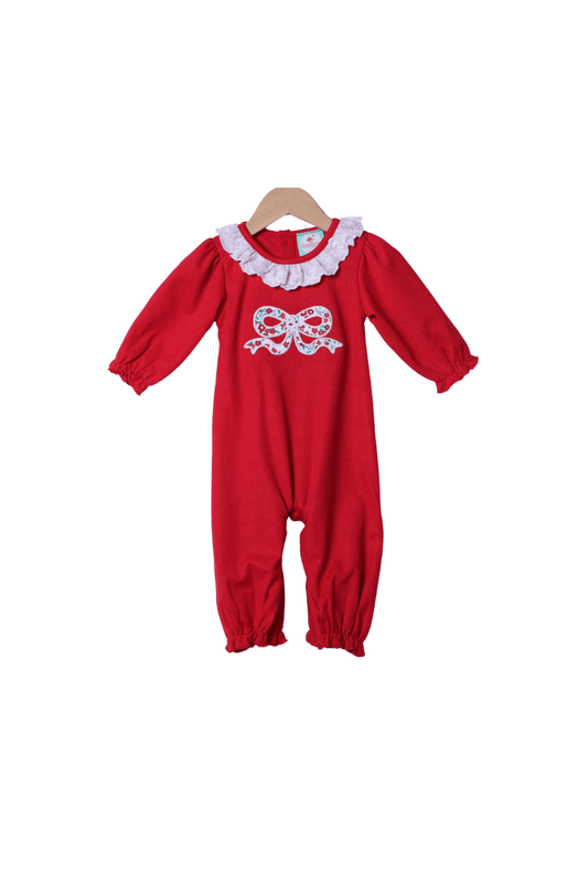 The Smocked Flamingo Apparel & Accessories Applique Christmas Floral Bow Red Cardigan Romper