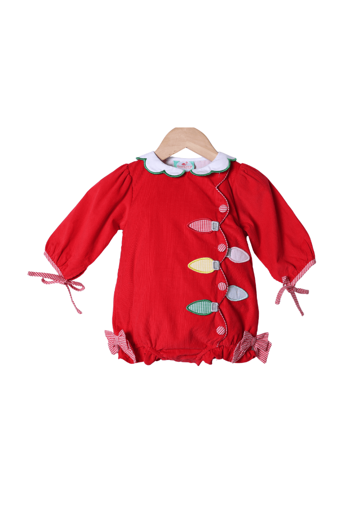 The Smocked Flamingo Apparel & Accessories Applique Christmas Lights Red Corduroy Bubble