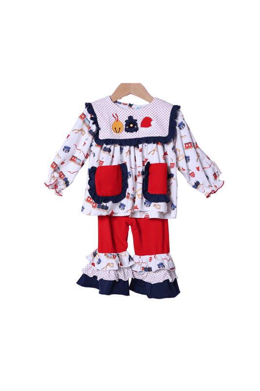 The Smocked Flamingo Apparel & Accessories Applique Christmas Train Ruffle Pant Set