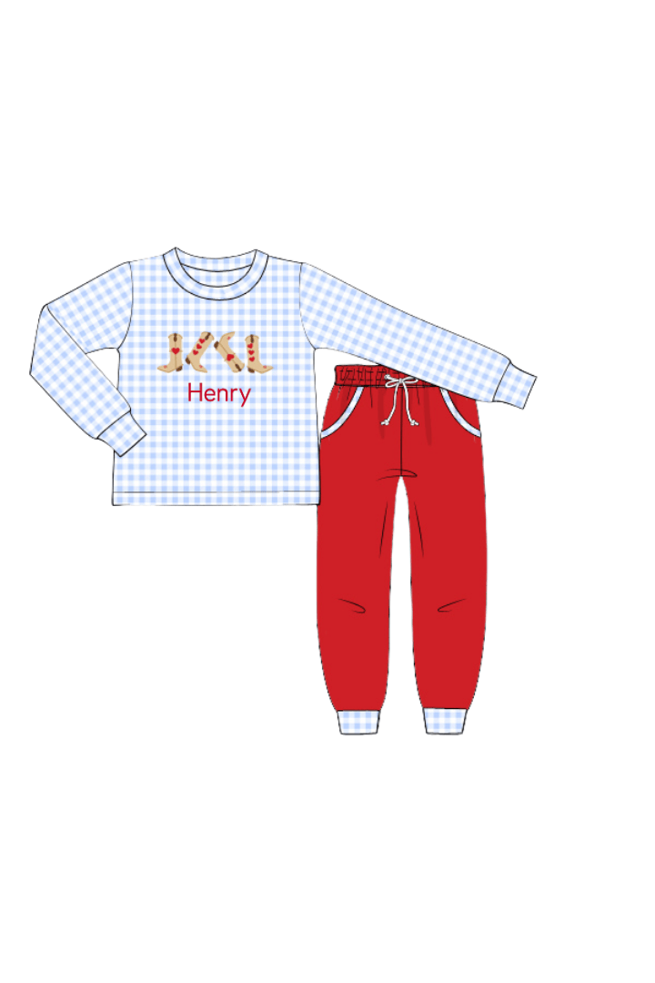 The Smocked Flamingo Apparel & Accessories Applique Cowboy Boots Blue Gingham Jogger Set