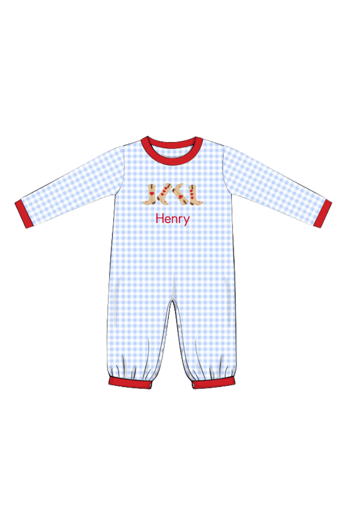 The Smocked Flamingo Apparel & Accessories Applique Cowboy Boots Blue Gingham Romper