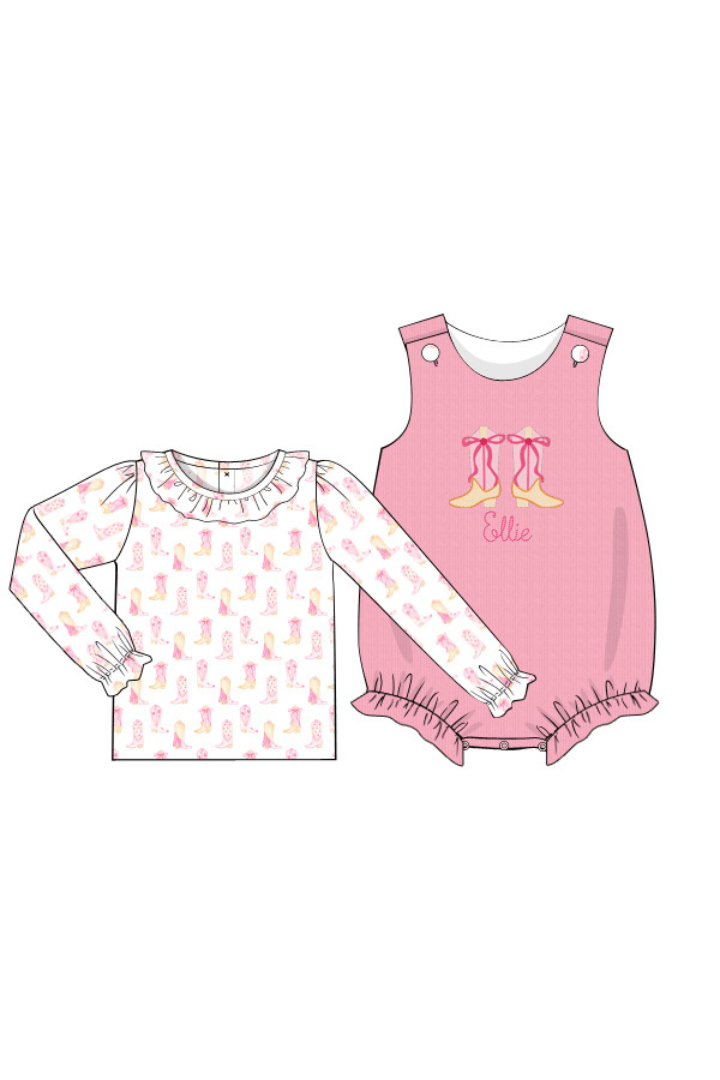 The Smocked Flamingo Apparel & Accessories Applique Cowgirl Boots Pink Corduroy Bubble