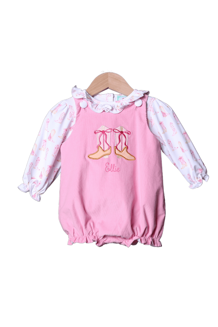 The Smocked Flamingo Apparel & Accessories Applique Cowgirl Boots Pink Corduroy Bubble