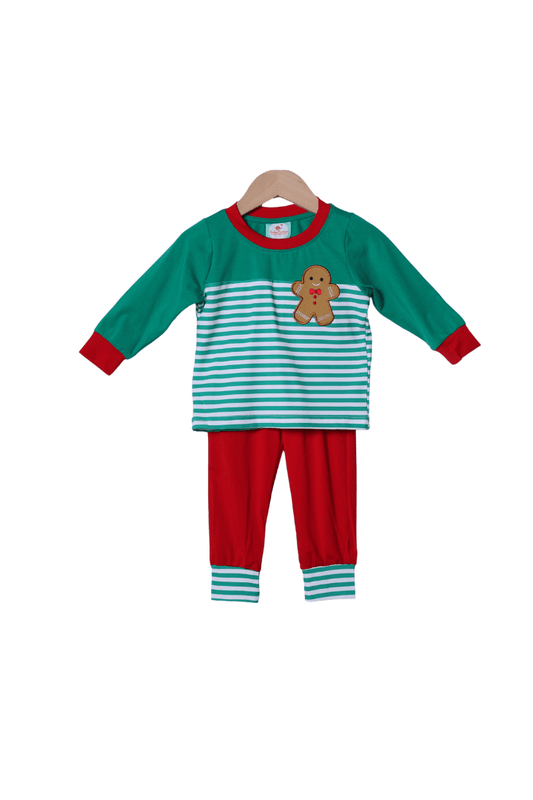 The Smocked Flamingo Apparel & Accessories Applique Gingerbread Green Stripe Jogger Set