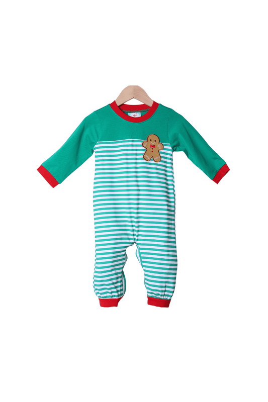 The Smocked Flamingo Apparel & Accessories Applique Gingerbread Green Stripe Romper