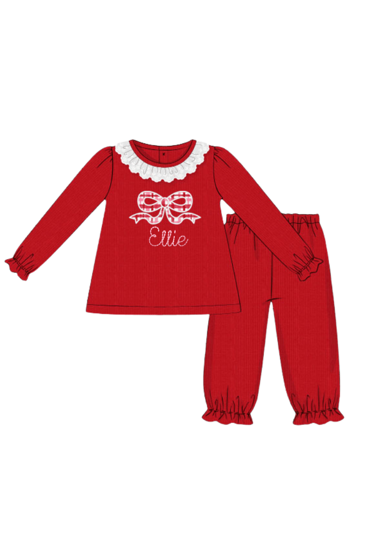 The Smocked Flamingo Apparel & Accessories Applique Heart Pink and Red Sweetheart Plaid Cardigan Pant Set