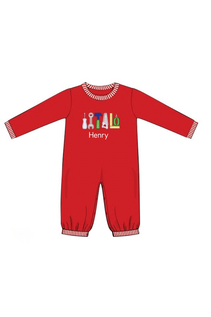 The Smocked Flamingo Apparel & Accessories Applique Little Tools Red Knit Romper