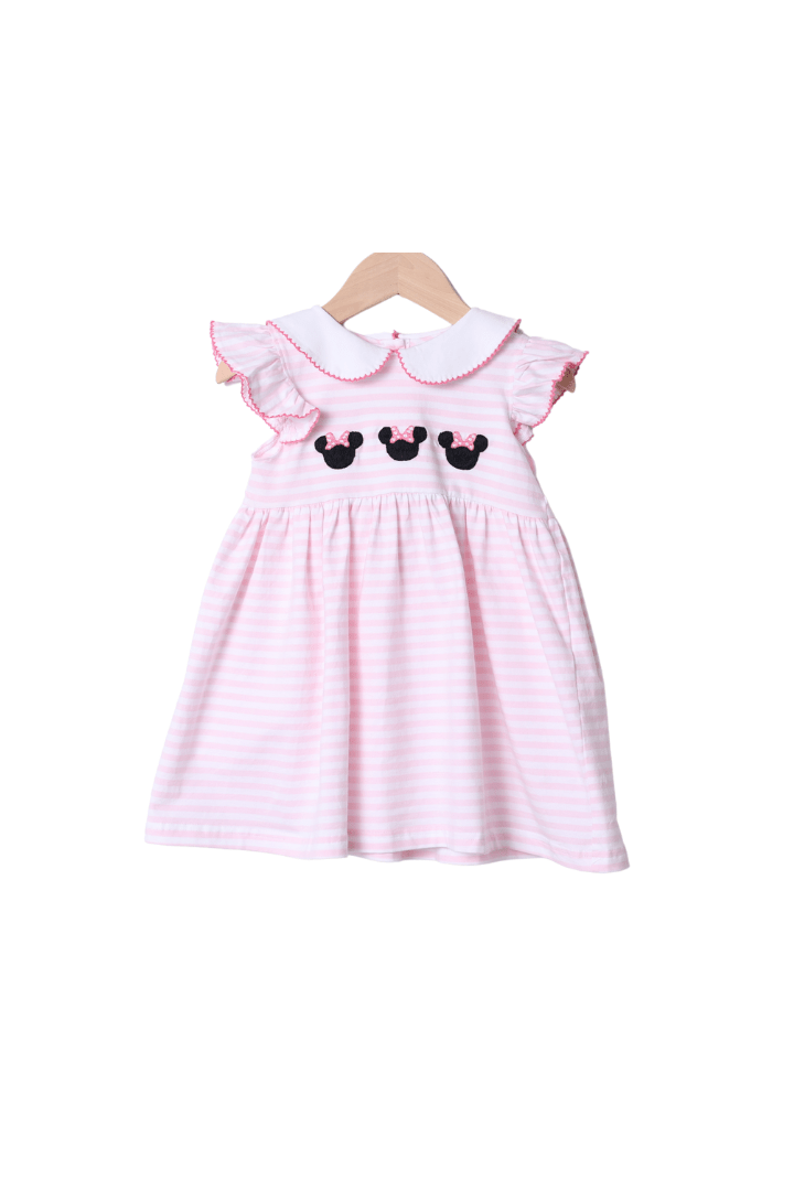 The Smocked Flamingo Apparel & Accessories Applique Mouse Pink Stripe Flutter Sleeve Dress