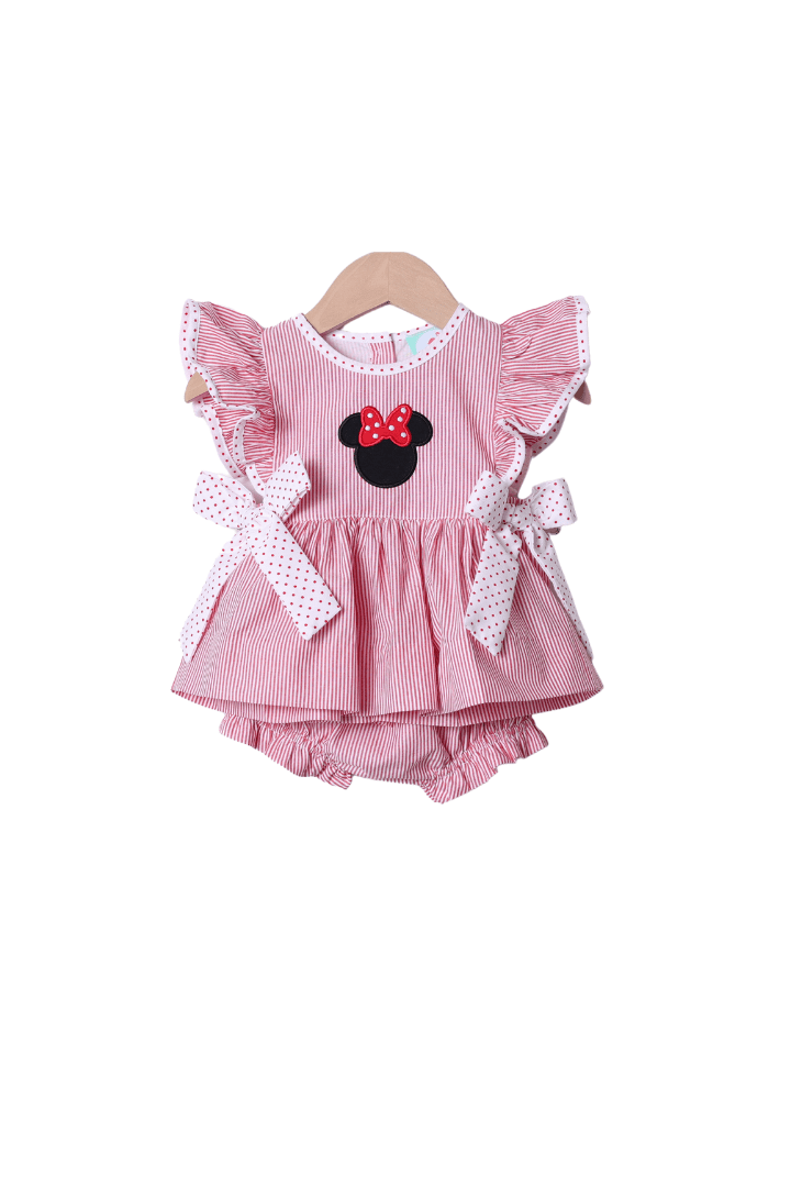 The Smocked Flamingo Apparel & Accessories Applique Mouse Red Stripe/Bitty Dot Bloomer Set