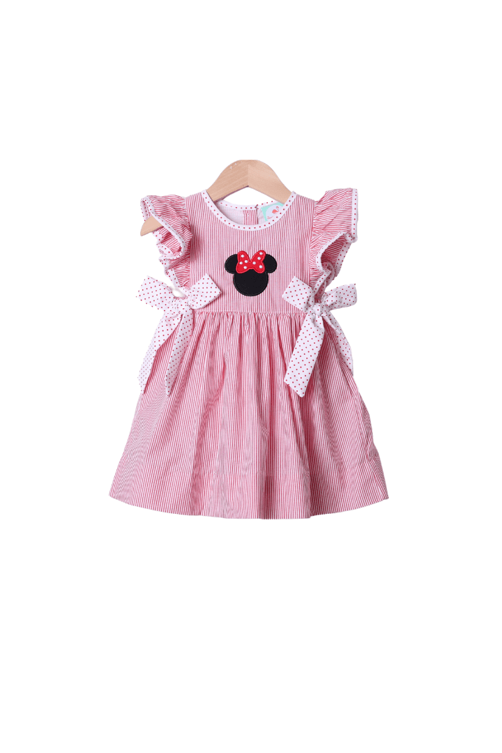 The Smocked Flamingo Apparel & Accessories Applique Mouse Red Stripe/Bitty Dot Dress