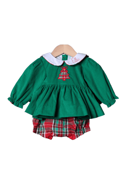 The Smocked Flamingo Apparel & Accessories Applique Plaid Merry Christmas Tree Green Corduroy Bloomer Set