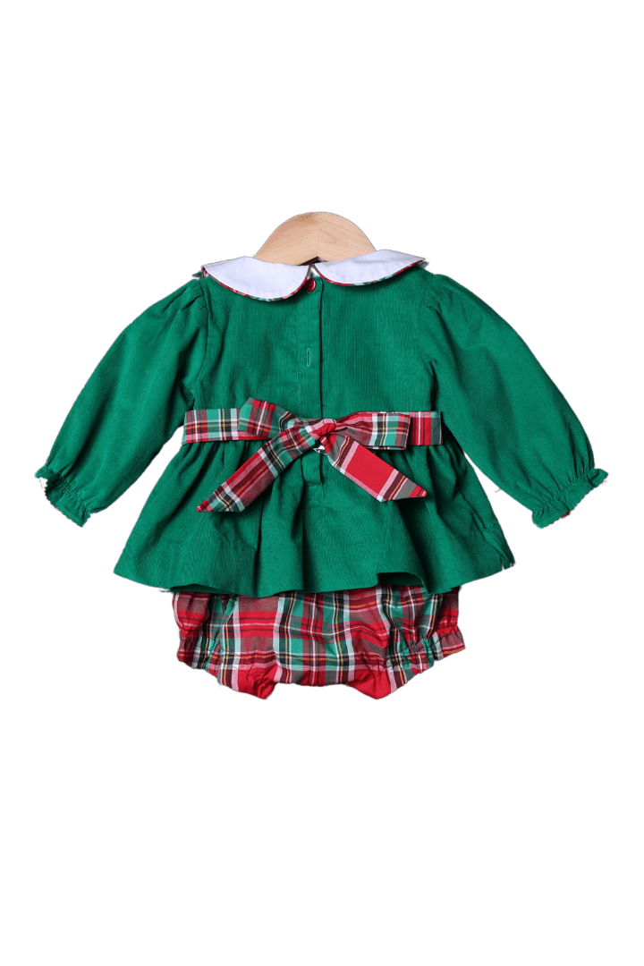 The Smocked Flamingo Apparel & Accessories Applique Plaid Merry Christmas Tree Green Corduroy Bloomer Set