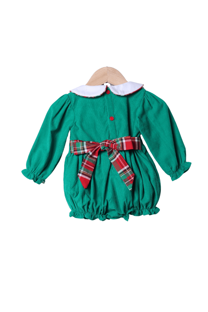 The Smocked Flamingo Apparel & Accessories Applique Plaid Merry Christmas Tree Green Corduroy Bubble