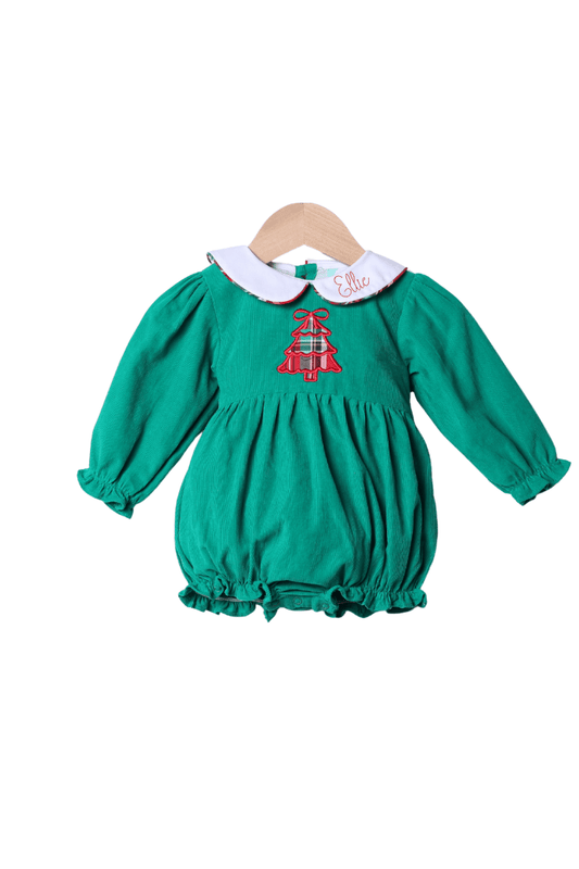 The Smocked Flamingo Apparel & Accessories Applique Plaid Merry Christmas Tree Green Corduroy Bubble