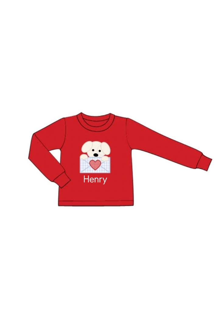 The Smocked Flamingo Apparel & Accessories Applique Puppy Love Red Knit Long Sleeve Shirt
