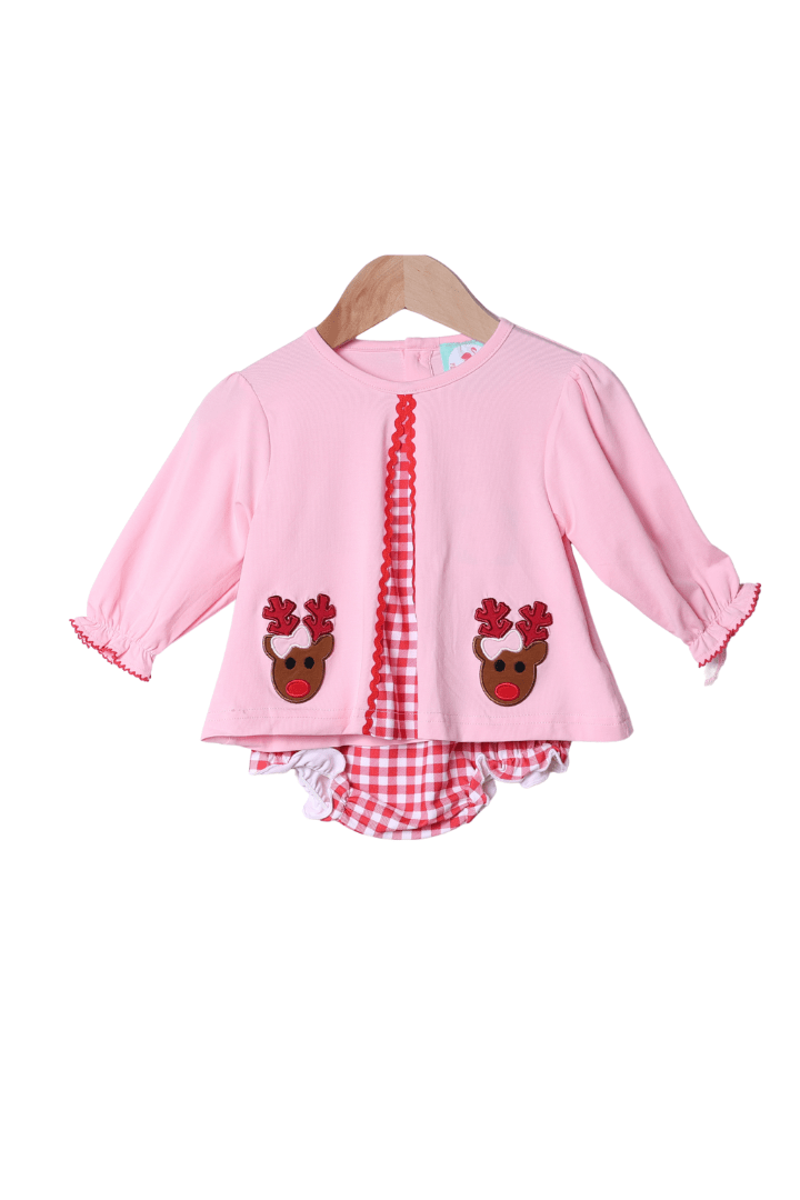 The Smocked Flamingo Apparel & Accessories Applique Rudolph The Red Nosed Reindeer Bloomer Set
