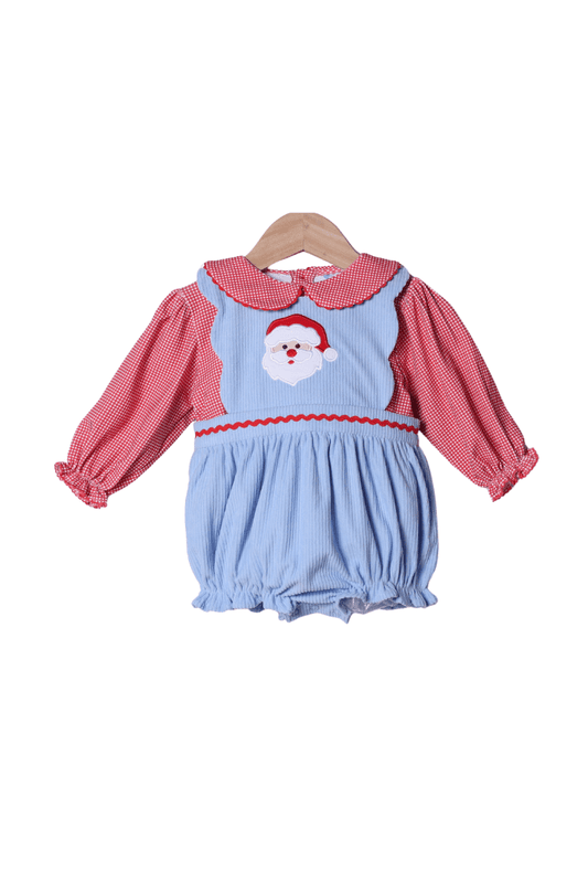 The Smocked Flamingo Apparel & Accessories Applique Santa Blue Corduroy Red Gingham 2pc Bubble