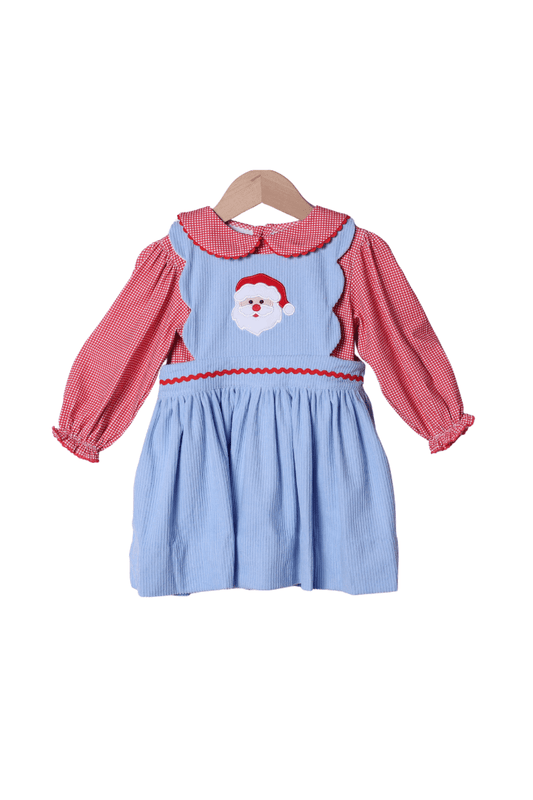 The Smocked Flamingo Apparel & Accessories Applique Santa Blue Corduroy Red Gingham 2pc Dress